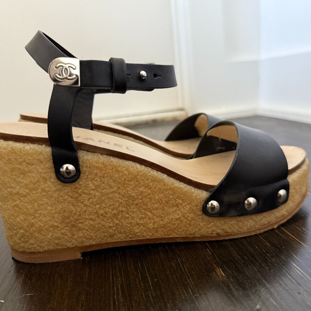 Chanel Black Leather Platform Wedge Sandals EU 37.5/ US 7.5